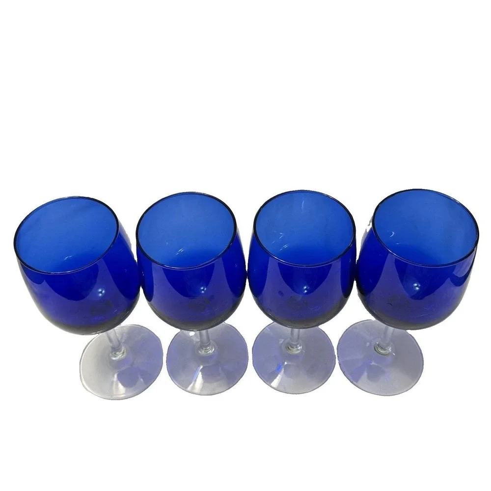 Vintage Cobalt Blue Wine Glasses Set of 4 Clear Stem Goblets Retro Barware